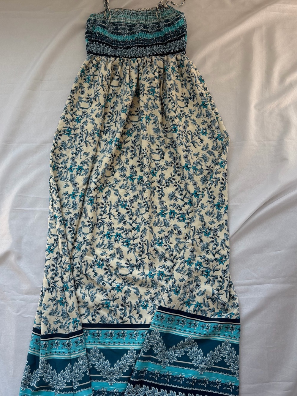 Boho Smocked Maxi Dress Blue Floral Satin Spaghetti Strap Medium Cottagecore - Picture 3 of 11